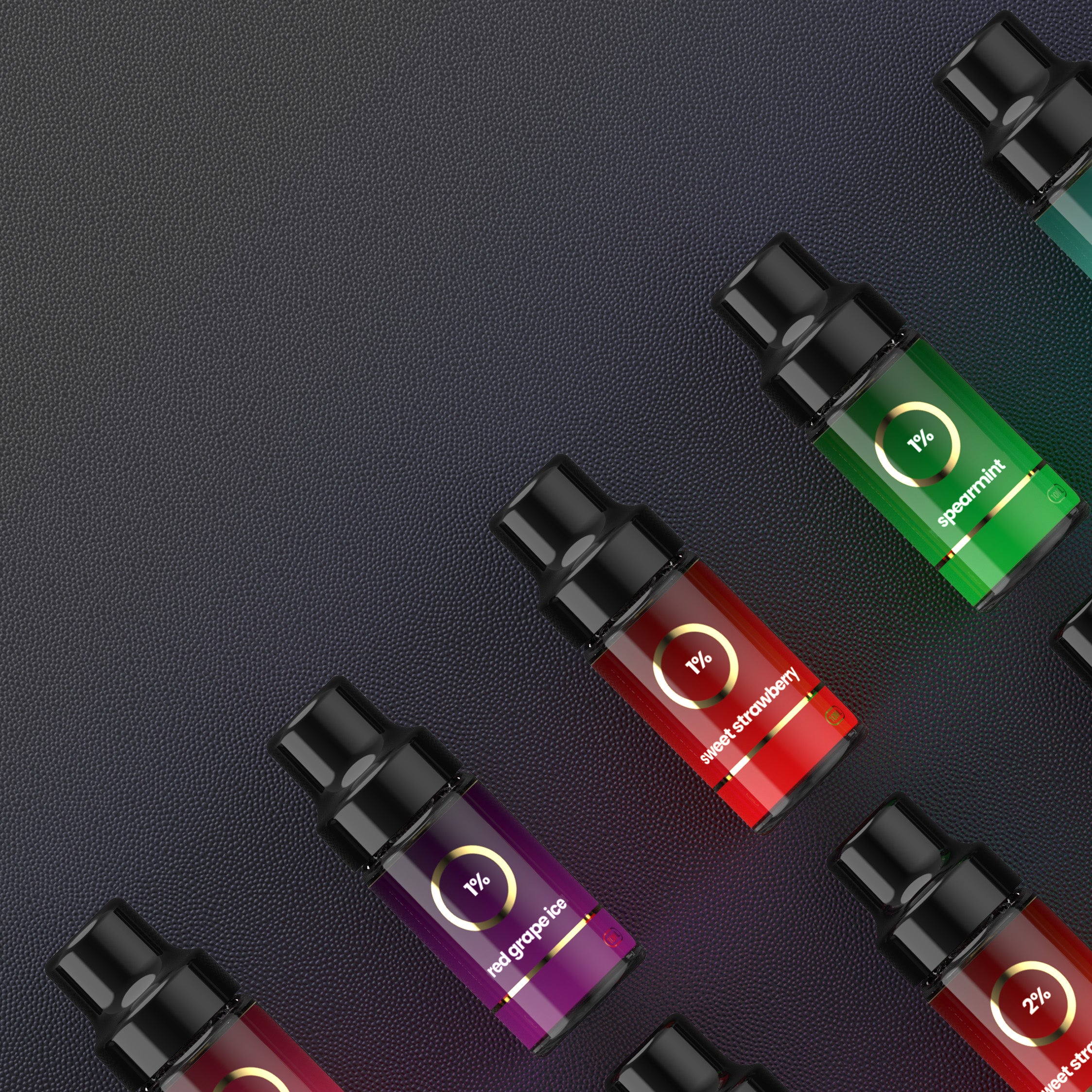 Refilla refillable vape compatible liquid bottles form a colourful pattern on a textured background