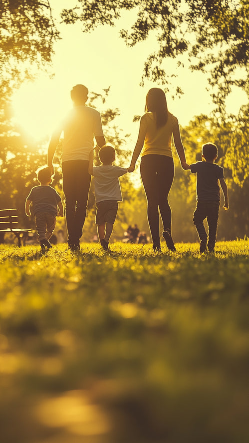 Two parents and their three children walk in a park on a sunny evening