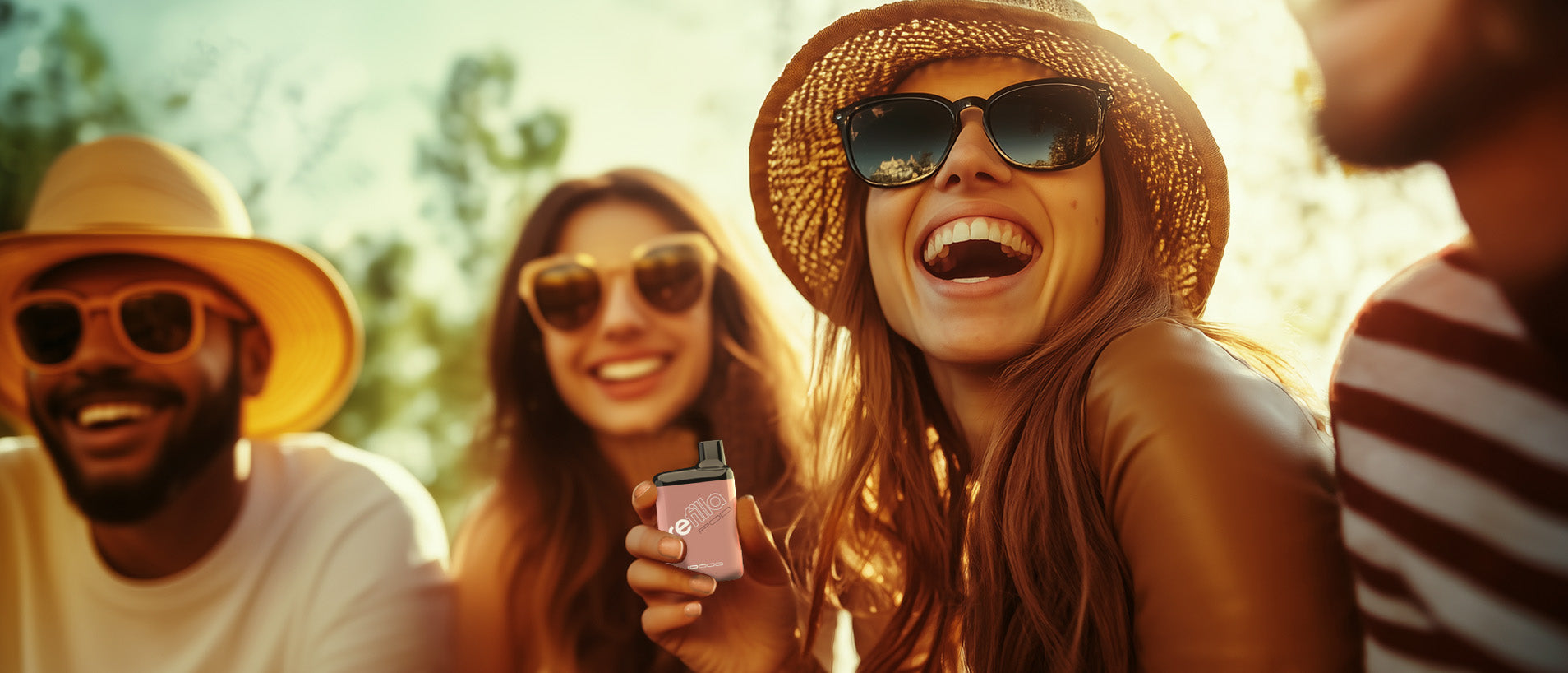 A group of young people enjoying a bright sunny day, one of them is holding a Refilla vape