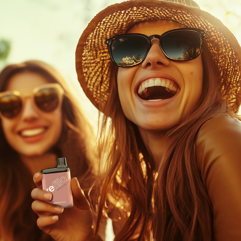 A group of young people enjoying a bright sunny day, one of them is holding a Refilla vape