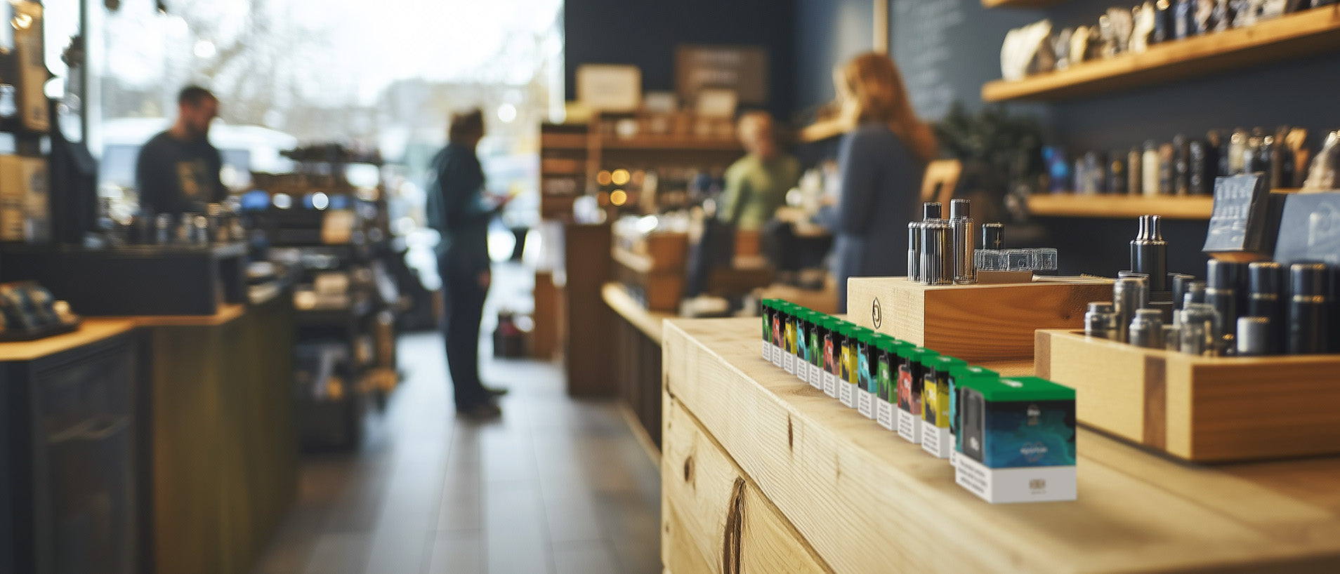 A range of Refilla vaping products is displayed on a table in a vape shop