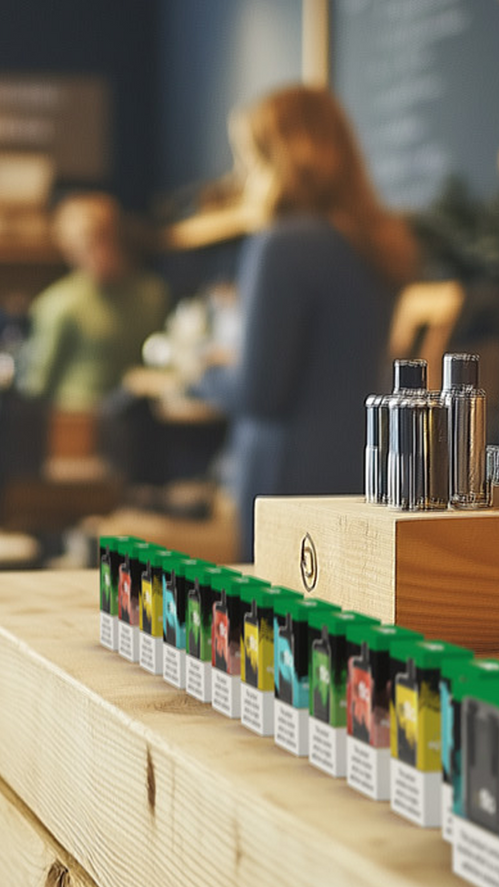 A range of Refilla vaping products is displayed on a table in a vape shop