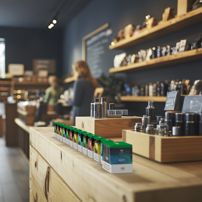 A range of Refilla vaping products is displayed on a table in a vape shop