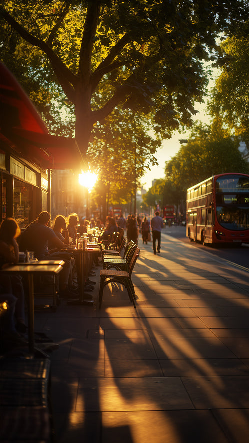 People sit at cafe tables at sunset on a busy London street