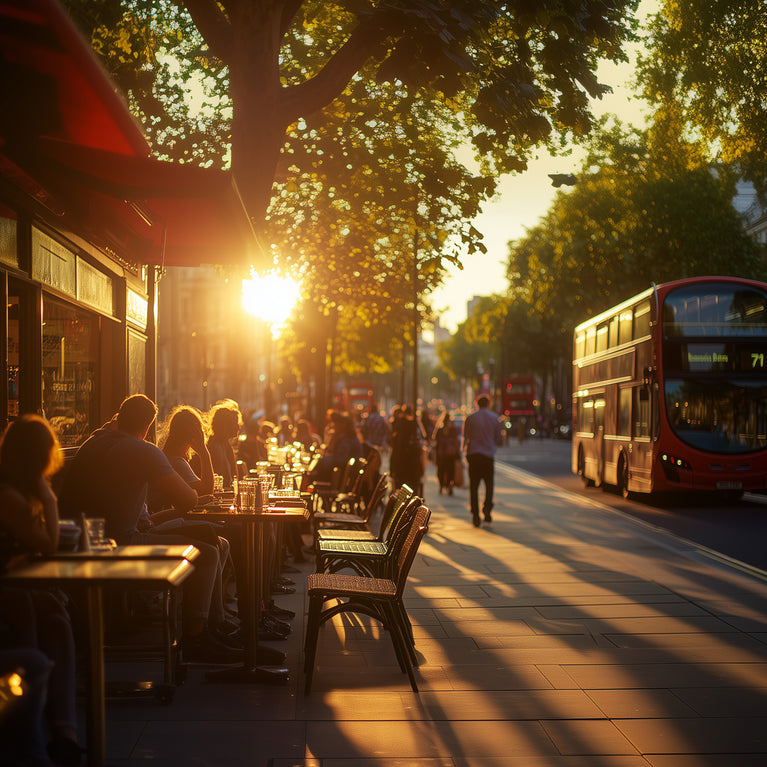People sit at cafe tables at sunset on a busy London street