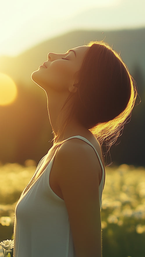 A woman breathes in the clean air in a meadow at sunset