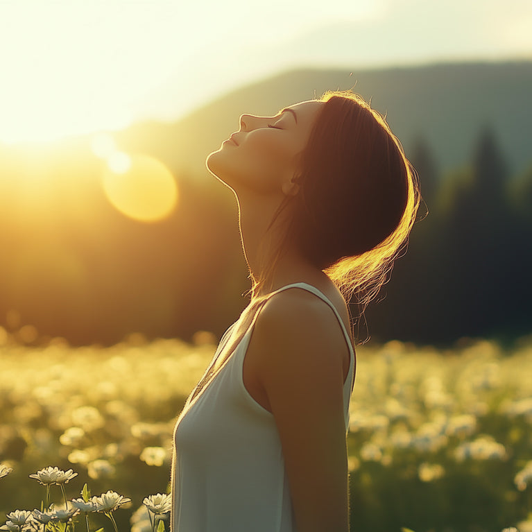 A woman breathes in the clean air in a meadow at sunset