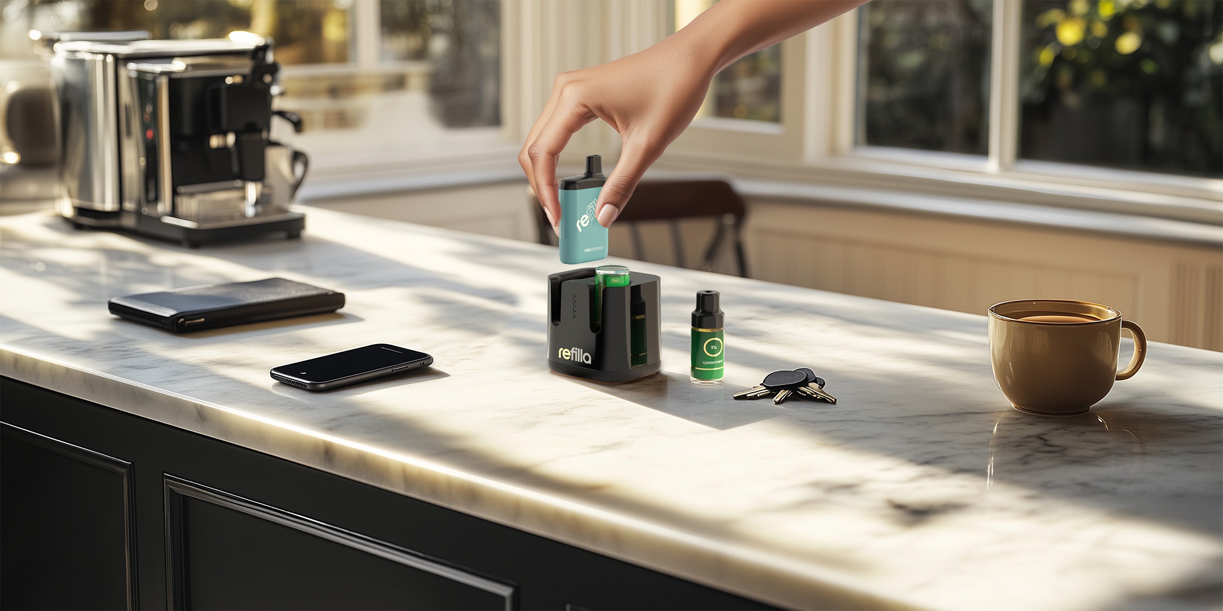 An image of the Refilla rechargeable, refillable vape system on a kitchen counter