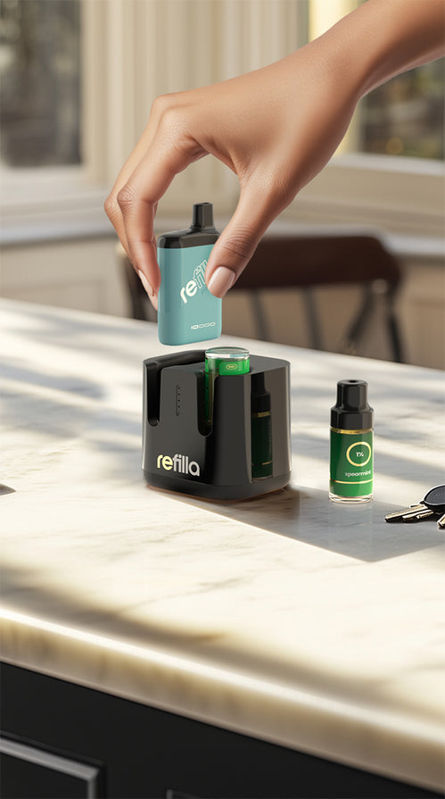 An image of the Refilla rechargeable, refillable vape system on a kitchen counter