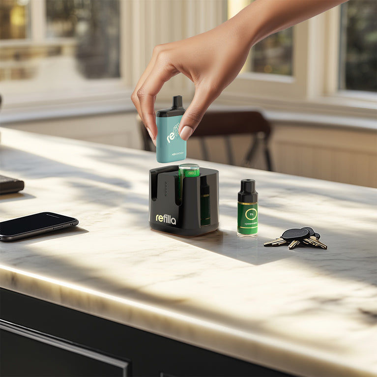 An image of the Refilla rechargeable, refillable vape system on a kitchen counter