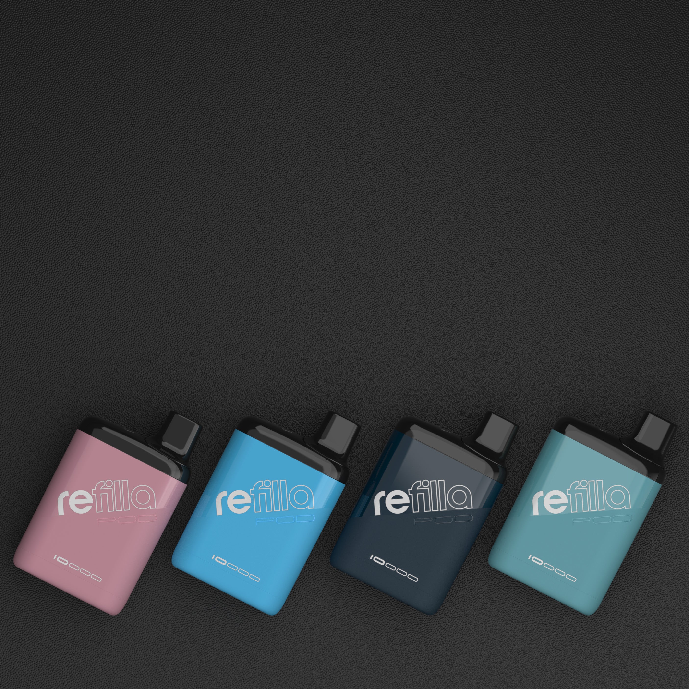 Four Refilla rechargeable vapes, in four different colours, form a pattern on textured background
