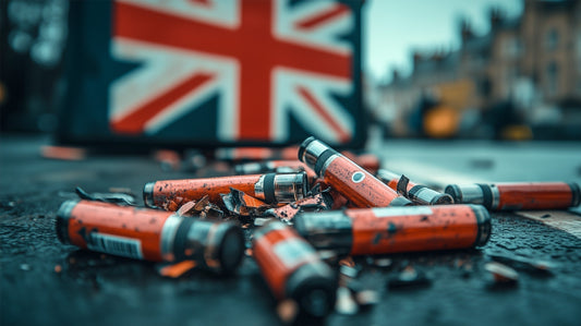 A dystopian image of discarded disposable vapes lie on a London street with a Union Flag mural behind them