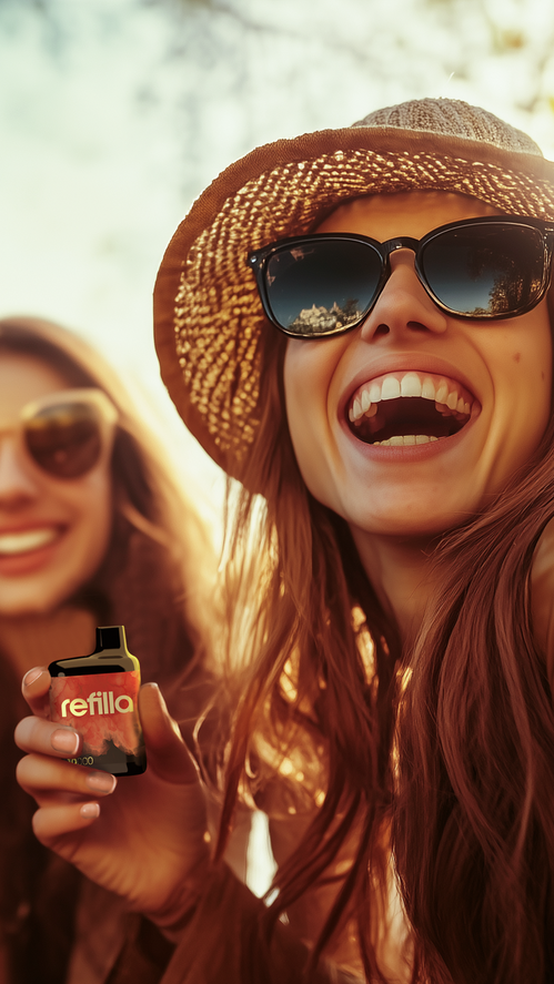 A group of young people enjoying a bright sunny day, one of them is holding a Refilla vape
