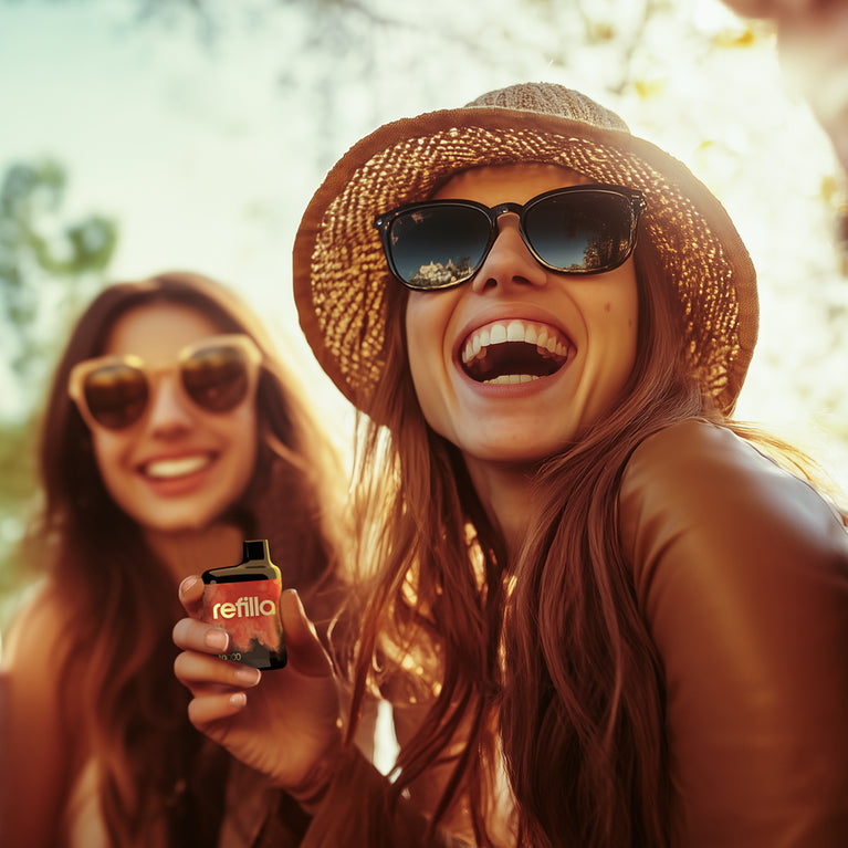 A group of young people enjoying a bright sunny day, one of them is holding a Refilla vape